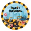 Set Farfurii Petrecere, 18cm, H&acirc;rtie, Vehicule de șantier, Happy Birthday, Bleu/Galben, 10 Bucăți, Oem
