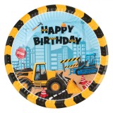 Set Farfurii Petrecere, 18cm, H&acirc;rtie, Vehicule de șantier, Happy Birthday, Bleu/Galben, 10 Bucăți, Oem