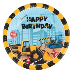 Set Farfurii Petrecere, 18cm, H&acirc;rtie, Vehicule de șantier, Happy Birthday, Bleu/Galben, 10 Bucăți