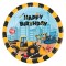 Set Farfurii Petrecere, 18cm, H&acirc;rtie, Vehicule de șantier, Happy Birthday, Bleu/Galben, 10 Bucăți
