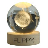 Lampa led decorativa, flippy, cu bila de cristal cu diametru 6cm, model papadie 3d, alimentare usb, suport din lemn, lumina alb cald