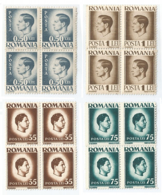 |Romania, LP 187/1945, Uzuale - Mihai I, hartie alba, blocuri de 4 timbre, MNH foto