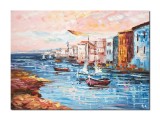 Cumpara ieftin Tablou apus de soare cu barci si veliere pictat manual, 70x50cm ulei pe panza in cutit efect 3D, Spectaculos