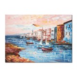 Tablou apus de soare cu barci si veliere pictat manual, 70x50cm ulei pe panza in cutit efect 3D, Spectaculos