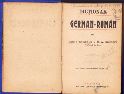 HST C1141 Dicționar german-rom&amp;acirc;n Șăineanu și Schroff 1928 foto