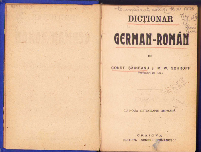 HST C1141 Dicționar german-rom&acirc;n Șăineanu și Schroff 1928