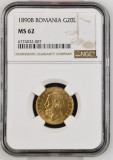 Moneda AUR 20 lei 1890, Carol I, certificata NGC cu gradul MS62