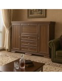 Comoda living VM6P, o usa rabatabila pentru bar, 2 usi fixe, 3 sertare, Pal melaminat, cu insertii MDF, Nuc