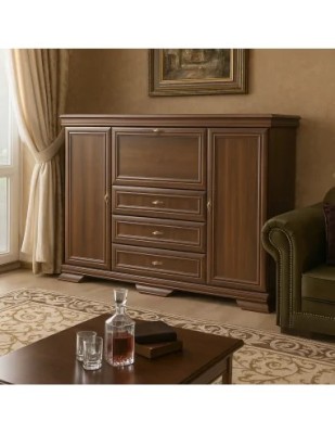 Comoda living VM6P, o usa rabatabila pentru bar, 2 usi fixe, 3 sertare, Pal melaminat, cu insertii MDF, Nuc foto