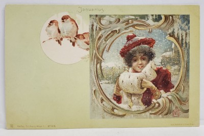 &amp;#039; JANUARIUS &amp;#039; , ALEGORIE DE IARNA CU TANARA CU MANSON SI VRABIUTE , CROMOLITOGRAFIE , FORMAT CARTE POSTALA , CLASICA foto