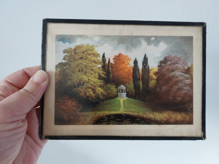 Tablou mic, carte postala sub sticla, vintage, Pavilion in the park, 16x12cm
