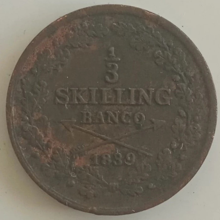 Moneda Suedia - 1/3 Skilling Banco 1839