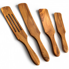 Set ustensile de bucatarie din lemn, 4 spatule din lemn de tec pentru gatit, termorezistente si antiaderente