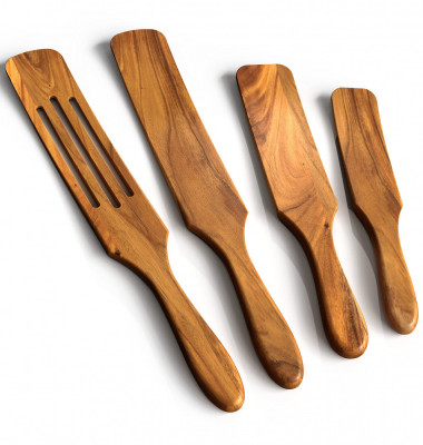 Set ustensile de bucatarie din lemn, 4 spatule din lemn de tec pentru gatit, termorezistente si antiaderente foto