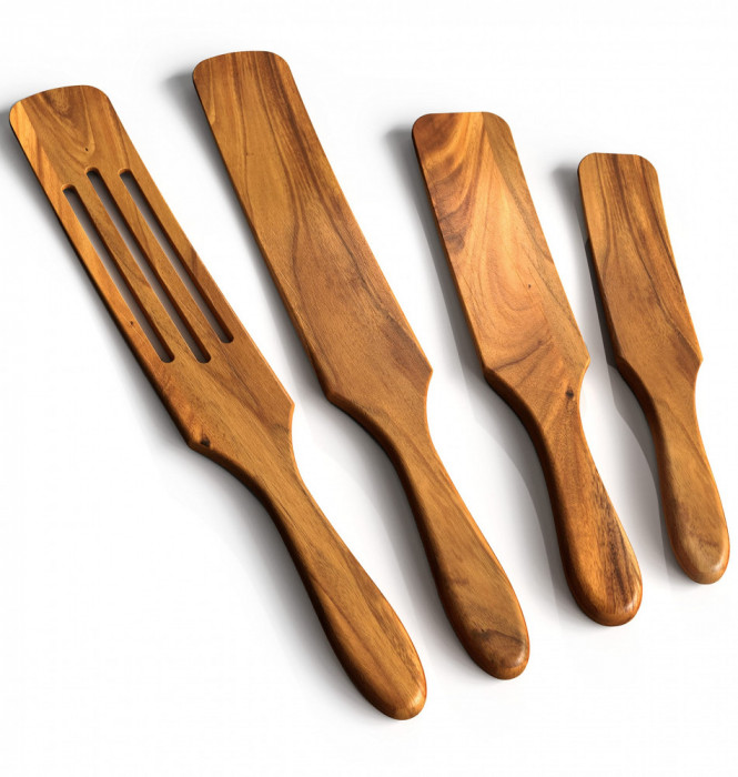 Set ustensile de bucatarie din lemn, 4 spatule din lemn de tec pentru gatit, termorezistente si antiaderente