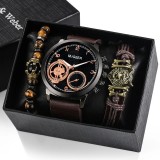 Cumpara ieftin Set Cadou Barbati Migeer: Ceas Quartz, Bratari Negru/Auriu/Maro, Cutie Cadou. Ceas Maro Curea Piele Eco, Cadran Portocaliu/Negru