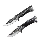 Cumpara ieftin Set 2 cuțite pliabile de v&acirc;nătoare DEPOX&reg;, lamă inox clip point, m&acirc;ner metal și lemn, sistem back lock, negru, 23 cm