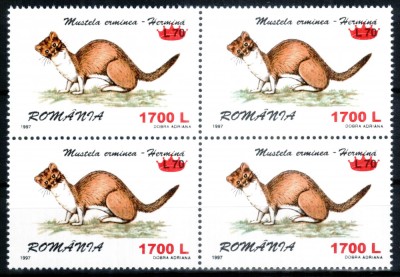 Romania 2000, LP 1505, Fauna 1997 supratipar &amp;quot;coroana&amp;quot;, seria in bloc de 4, MNH! foto