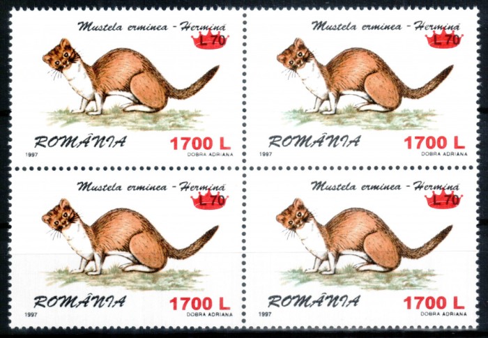 Romania 2000, LP 1505, Fauna 1997 supratipar &quot;coroana&quot;, seria in bloc de 4, MNH!