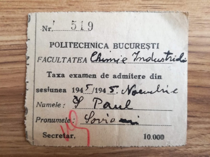 1945, Politehnica Bucuresti, Taxă examen admitere, Facultatea Chimie Industrială