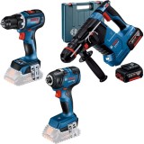 Bosch GBH 187-LI One Chuck + GDR 18V-200 + GSR 18V-90 C - Rotopercutor SDS-Plus 2.4 J valiza plastic + Masina de insurubat cu impact 200 Nm M6-M16 + M