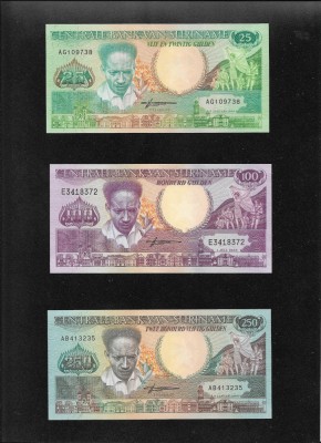 Set Suriname Surinam 25 + 100 + 250 gulden unc foto