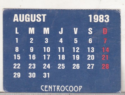bnk cld Calendar de buzunar - 1983 - CENTROCOOP foto