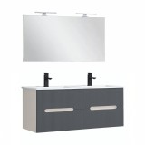 Set Mobilier Baie Leziter Trent 120 cm, Alb Gri Antracit, Lavoar Ceramic, Oglinda, 4 Sertare Soft-Close, Montat pe Perete
