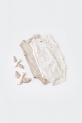 Set 2 body-uri fara maneci bebe unisex -100% bumbac organic - Ecru cu buline, BabyCosy (Marime: 18-24 Luni) foto