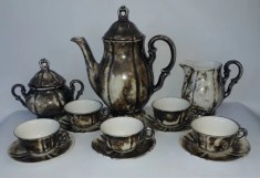 SERVICIU VINTAGE GERMAN PENTRU CAFEA, PORTELAN ARGINTAT MARCAT "THURINGIA", RAR