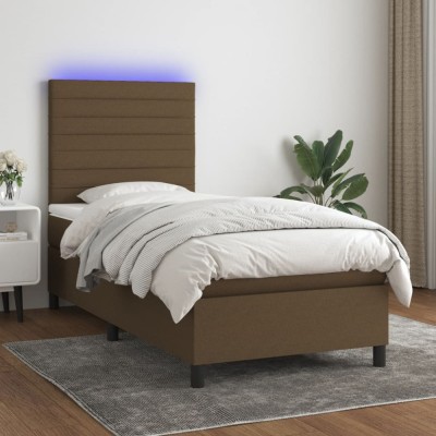 vidaXL Pat cu arcuri, saltea și LED, maro &amp;icirc;nchis, 90x190 cm, textil 3134920 foto