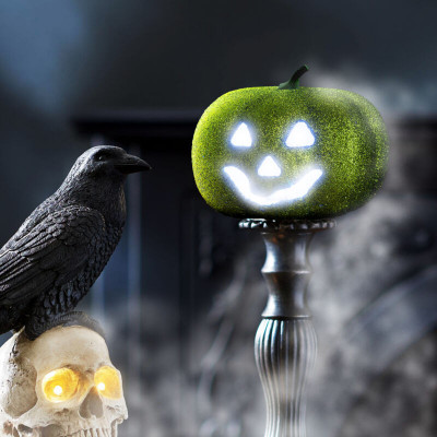 Decorațiune cu LED-uri RGB de Halloween - dovleac din spumă - verde - 11 cm foto