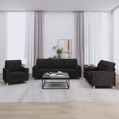 vidaXL Set de canapele cu perne, 3 piese, negru, textil 3201262 foto