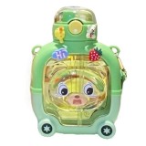 Sticla cu pai pentru copii, flippy, model ursulet, gradata, stickere aplicate, curea reglabila, din plastic rezistent la cadere, 1l, verde, 20 x 13 cm