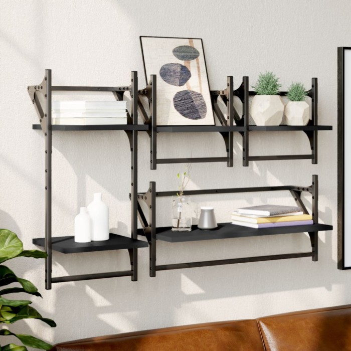 Set rafturi perete cu bare, 4 buc. negru lemn prelucrat