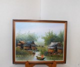 Tablou &icirc;nrămat, pictură manuală ulei acrylic pe p&acirc;nză cartonată - Lacustră - proveniență Asia de Sud-Est (Philippines)