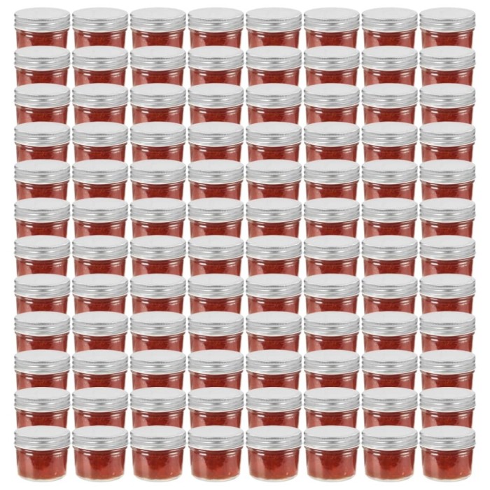 vidaXL Borcane din sticlă pentru gem, capace argintii, 96 buc, 110 ml 50794