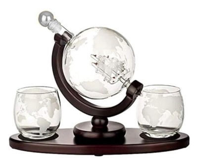 Set pentru Cognac, Whiskey Sticla-decantor glob, 2 pahare si suport din lemn foto