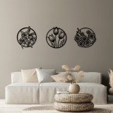 Decoratiune de perete, Flowers, Metal, 50 x 57 cm, 3 piese, Negru, Skyler