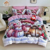 Cumpara ieftin Lenjerie pat de Craciun cu elastic,pat dublu,bumbac finet,6 piese, imprimeu 5D ren cu caciula roz si felinar,roz-A1194