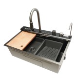 Chiuveta bucatarie multifunctionala cu doua baterii, otel inoxidabil cu afisaj digital temperatura, doua cascade, spalator pahare, scurgator, tava, t
