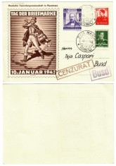 ROMANIA 1943 carte postala cu stampile expozitia filatelica germana Sibiu spre Medias cu timbru tematica muzica Andrei Muresanu