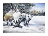 Tablou pictat manual, Car cu boi iarna, 70x50cm ulei pe panza, Constantin Feraru