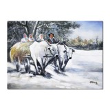 Tablou pictat manual, Car cu boi iarna, 70x50cm ulei pe panza, Constantin Feraru