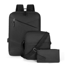 Set, Trio Rucsac Laptop, cu USB, Negru, din poliester, port usb extern, multiple buzunare si spatii de depozitare, design ergonomic