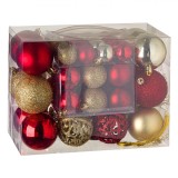 Set Globuri Crăciun, 50 Bucăți, Aurii și Roșii, Mat, Strălucitoare, Glitter, 3-4-6cm, Oem
