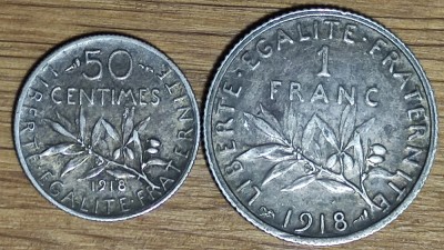 Franta -set de colectie istoric- 50 centimes +1 franc 1918 argint - superbe !!! foto
