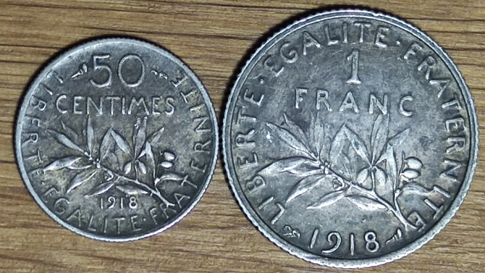 Franta -set de colectie istoric- 50 centimes +1 franc 1918 argint - superbe !!!