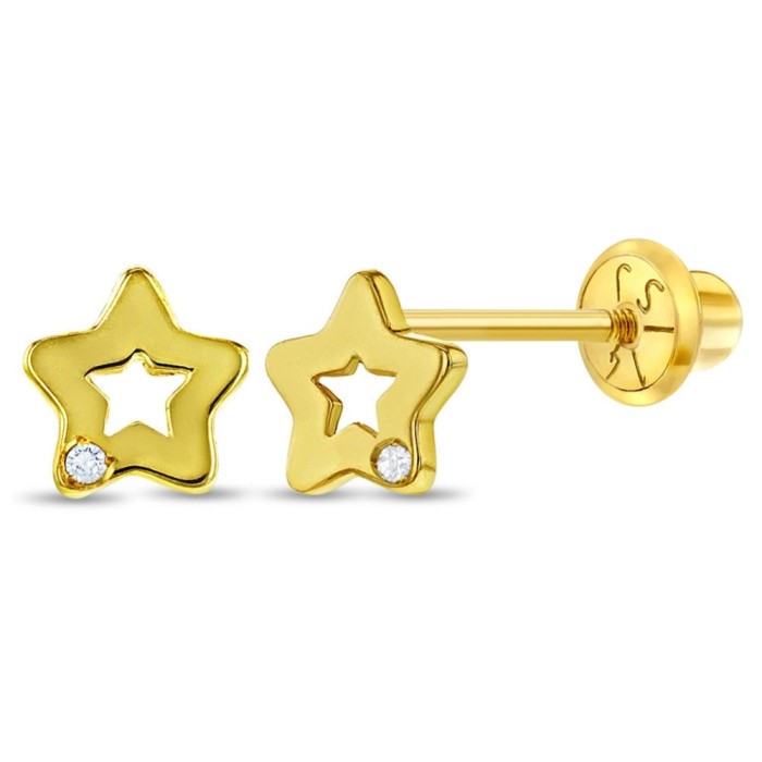 Cercei din Aur 14k in forma de Stea Decupata si Accent de Diamant pentru Bebelusi, Copii Mici si Fetite &ndash; Inchidere Sigura cu Surub