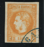 1868 , Lp 21 , Carol I favoriti 2 Bani galben-portocaliu , stampila Galati, Stampilat